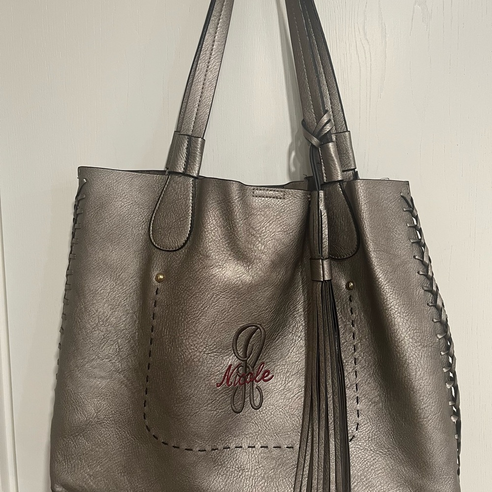 Metallic Gray Tote Bag-personalized Nicole, R monogram